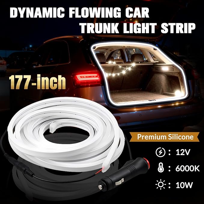 DIBMS 177" Magnetic Induction Dynamic Flowing LED Car Trunk Light Strip, Universal Flexible IP65 Waterproof Cuttable Silicone 12V Interior Ambient Lighting for Cars SUVs Vans White