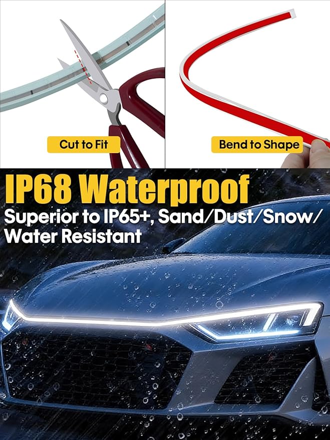 Sequential Dynamic Scan LED Hood Light Strip for Cars, Dual Color White DRL with Amber Turn Signal, Flexible Cuttable IP68 Waterproof Exterior LED Light, for Trucks SUVs Vans, 59inch 12V, 1 Set