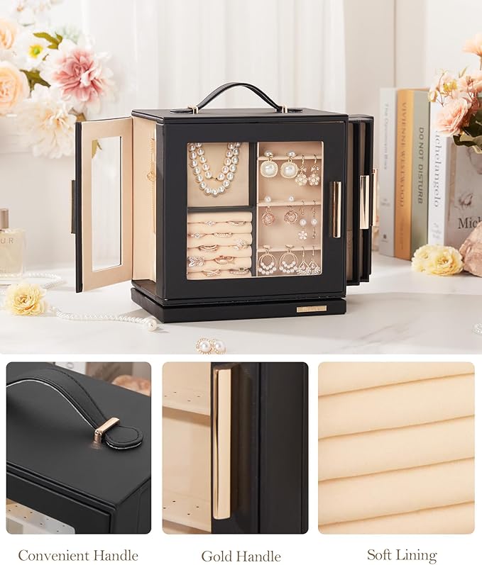Homde Jewelry Box for Women Large: Rotating Organizer for Ring Earring Necklace Bracelet - 7 Drawers Storage for Dresser (Bla