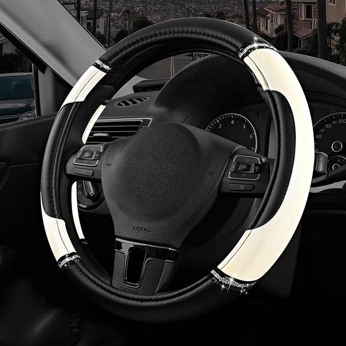 Road Comforts Leather Steering Wheel Cover - Made with PVC Leather - Anti-Slip, Universal Fit 14 1/2 inches to 15 inches - Wh
