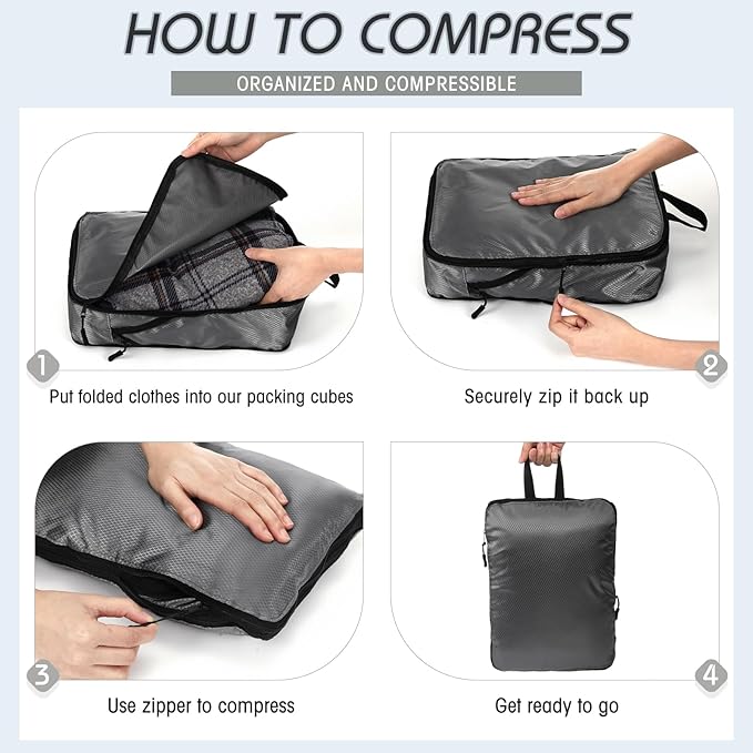 5 Pack Compression Packing Cubes for Travel Space Saving Cubes Luggage Organizer for Suitcase(Mixed Gray,S)