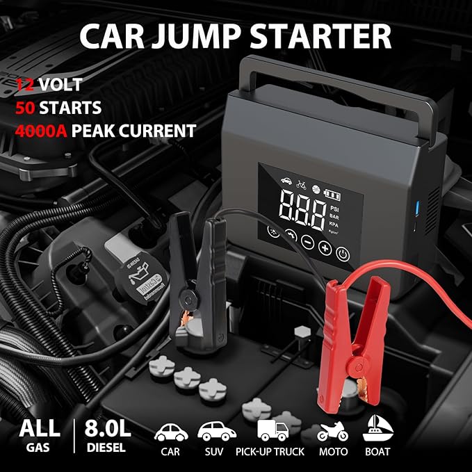 Jump Starter with Air Compressor, 4000A Car Battery Jump Starter(ALL Gas/8.0L Diesel) with 150PSI Tire Inflator 12V Car