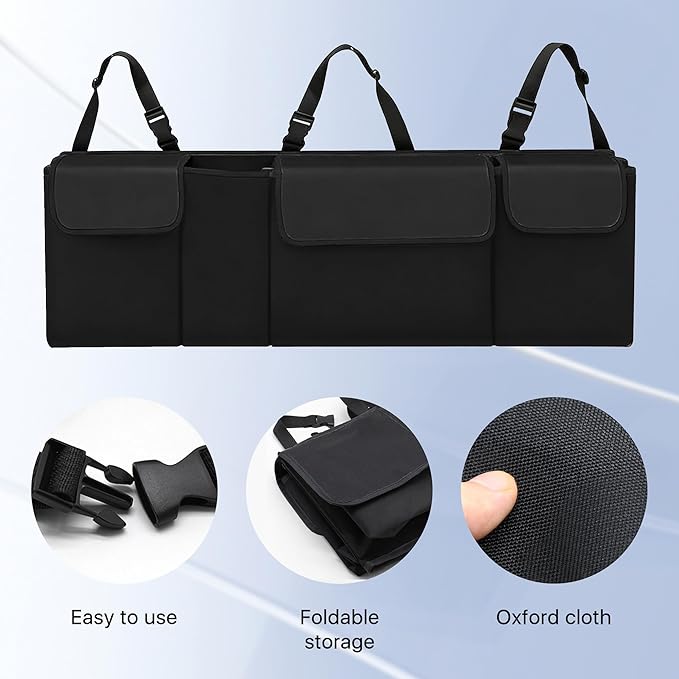 Car Trunk Organizer, Waterproof Backseat Hanging Large Storage with Adjustable Straps, Collapsible Cargo Bag with 4 Pockets,