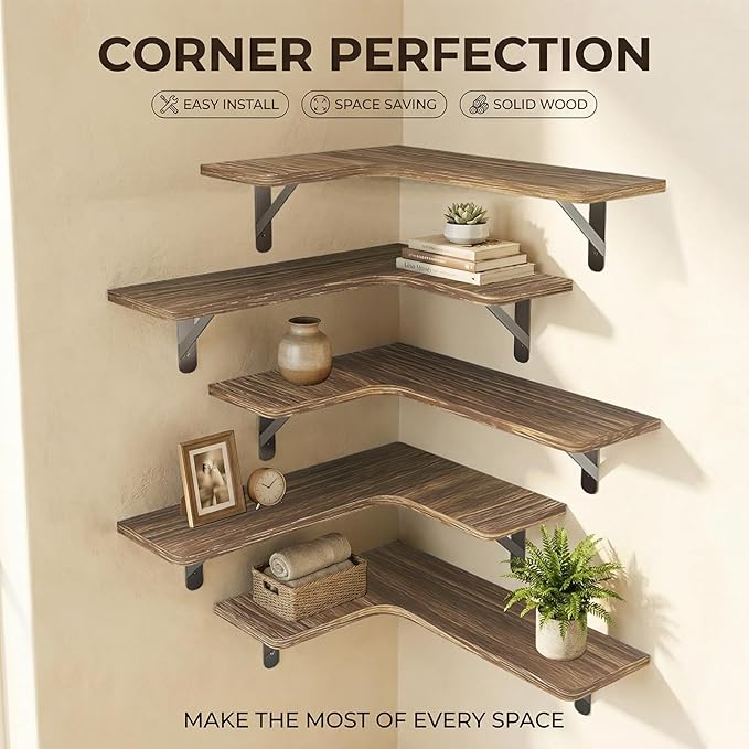 Corner Floating Shelves Wall Mounted Set of 5, Rustic Wood Corner Shelves for Bedroom Living Room Bathroom Kitchen Storage an