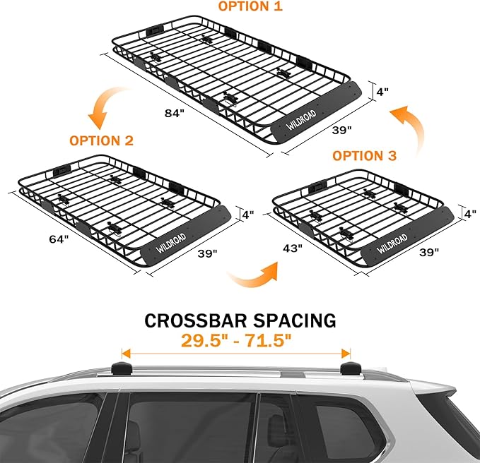 WILDROAD Car Roof Cargo Carrier Combo of Upgraded 84"x 39"x 4" Roof Rack Cargo Basket with 21 Cubic ft Cargo Carrier Bag, Super Duty Bungee Cargo Net and Ratchet Straps Fits for SUV Truck Cars