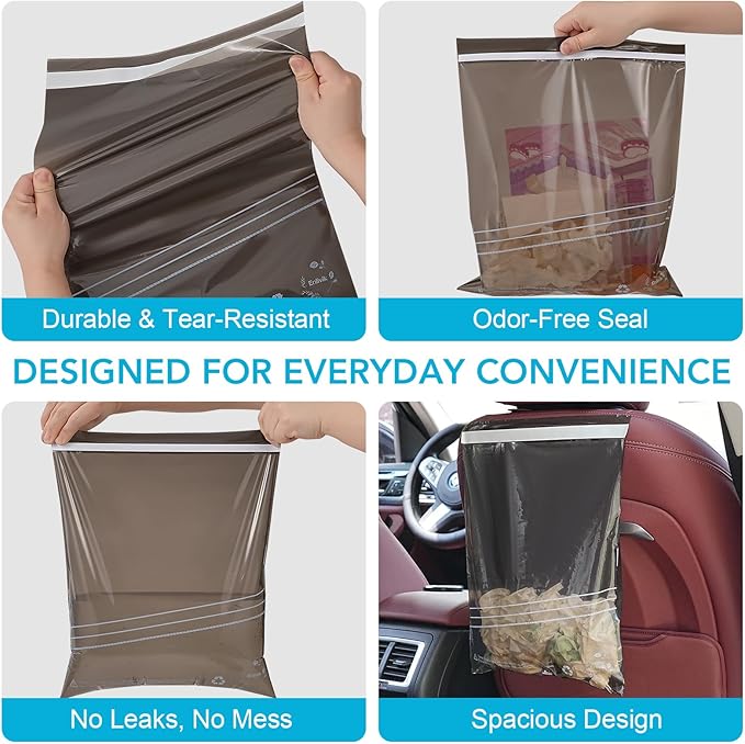 50 Pcs Disposable Car Trash Bags – Leakproof & Odor-Lock 2 Gallon Hanging Auto Garbage Bags – Hanging from Headrest/Easy Stick-On Trash Can for Car, Truck, SUV, Travel & Ride-Share