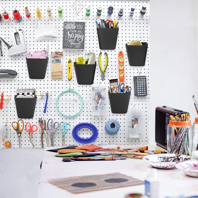 G.CORE Large Pegboard Cups Peg Board Storage Bin 6 Pack with Hooks, Square Box Shape Pegboard Cup Holder Accessories for Gara