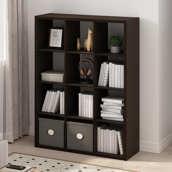 Furinno Simple Cube Storage Organizer, 12-Cube Display Shelf, Open Back Shelving Unit, Storage Shelves, Extra Thick Frame, fo