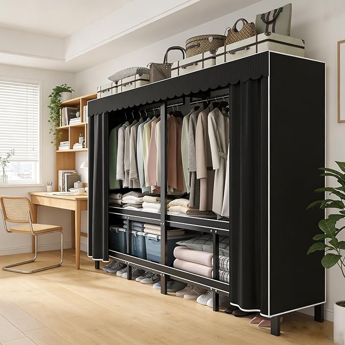 59.1in Foldable Portable Wardrobe ClosetS for Hanging Clothes Heavy Duty Garment Rack with Cover Folding Metal Clothing Racks