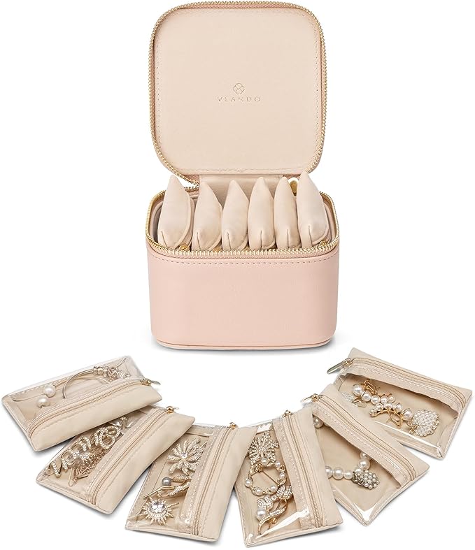 Vlando Jewelry Travel Case,Travel Jewelry Organizer with Clear Velvet Jewelry Bags 6Pcs Zipper Pouch for Women Gift Ideas for
