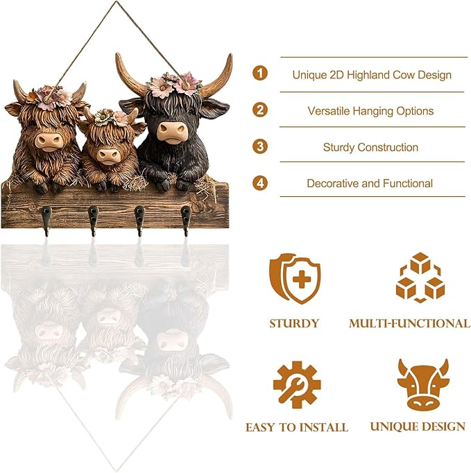 2D Highland Cow Key Hooks for Wall - Wooden Key Holder and Organizer with Flat Design for Home, Office, or Garage Decor