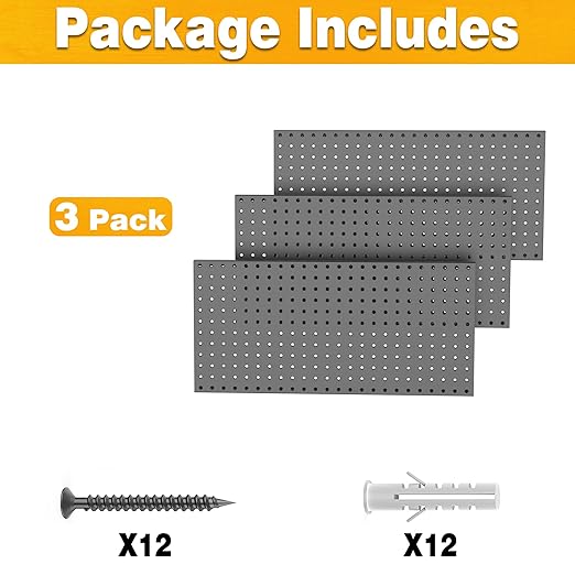 Pegboard Smith Metal Pegboard Panels 12" x 24", 3 Pack Black Wall Mounted Tool Organizer Boards, Heavy Duty Tool Storage Peg 