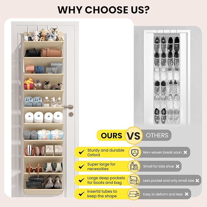 20-25 Pairs Over the Door Shoe Organizer, Clear Pockets Shoe Rack for Closet Door, 10-Tier Hanging Shoe Rack for Boots, Behin