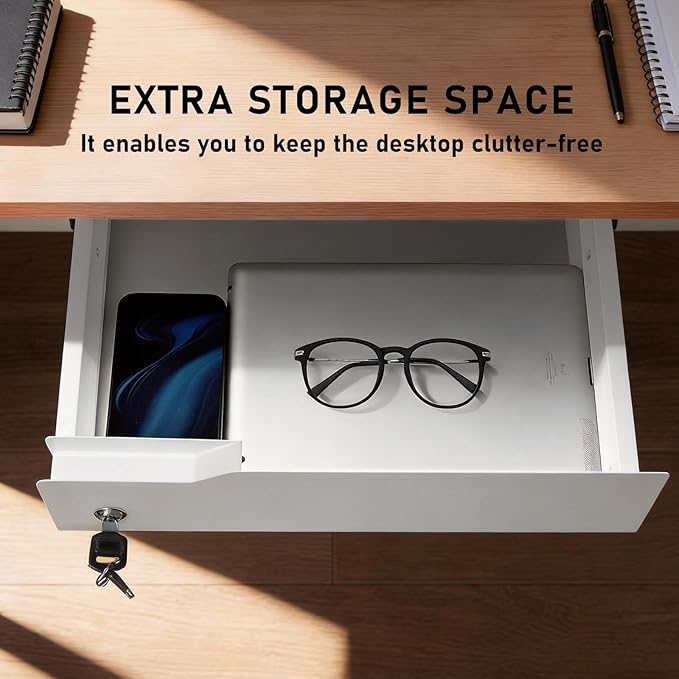 Under Desk Drawer Storage with Lock, 16"x11.8"x3.6", Metal Undermount Table Drawer, Ball Bearing Slides Out Tray Organizer fo