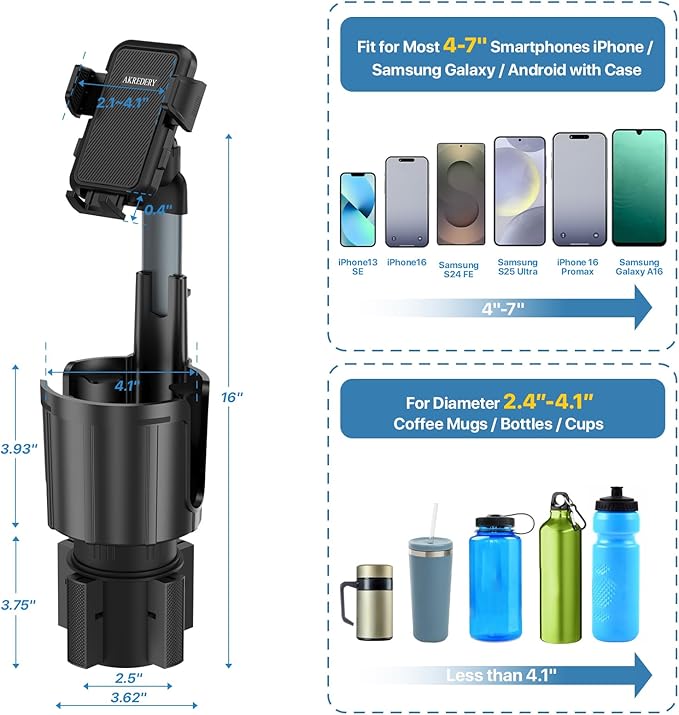 Car Phone Mount with Cup Holder Expander - Upgraded Anti-Shake 2-in-1 Cup Phone Holder for SUVS Trucks with Adjustable Alumin