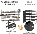 3 Row 4 Tier Long Shoe Rack, Black Metal Stackable Shoe Shelf with Multifunctional Hooks, Shoe Storage Hold 24-30 Pairs, Spac