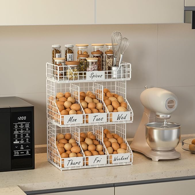 X-cosrack Egg Holder Countertop, 3 Tier Egg Rack with Labels Dividers to Separate Eggs, Stackable Wire Baskets for Fresh Egg,
