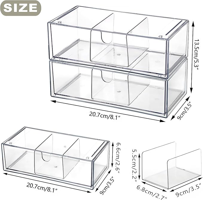 Hipiwe 2-Tier Acrylic Storage Drawer Stackable Box Hair Accessories Organizer Clear Desktop Organizer with Removable Dividers