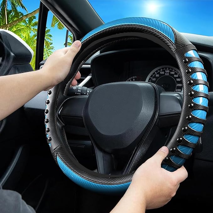 Car Leather Steering Wheel Cover - Carbon Fibre Material, Universal 14.5-15 Inch Leather Anti-Slip Breathable Auto Steering W