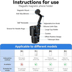 Magnetic Car Cup Holder Phone Holder, 2-in-1 Cup Holder Extender for Car, Universal Magsafe Cupholder Car Mount, Long Arm and 360 ° Rotation, Secure Fit for Car or SUV