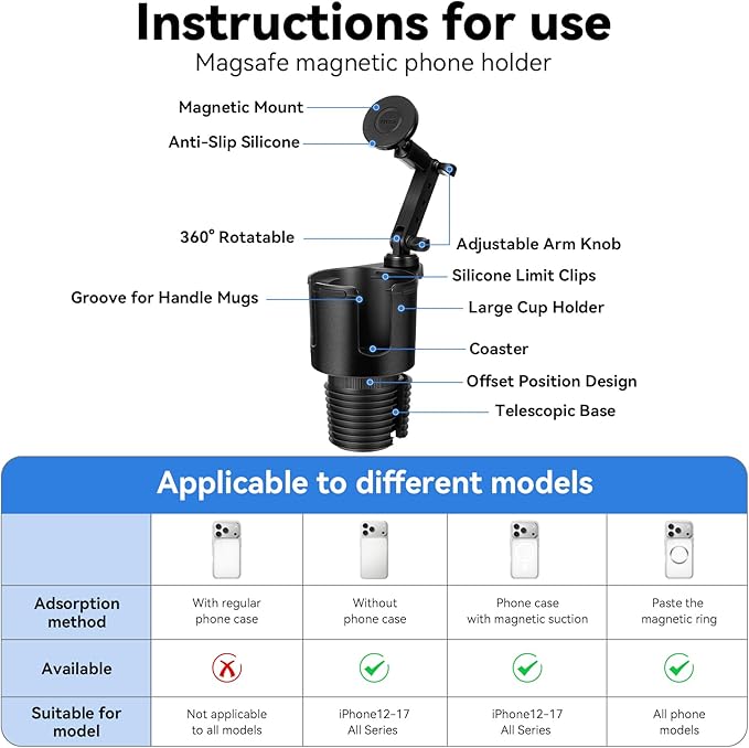 Magnetic Car Cup Holder Phone Holder, 2-in-1 Cup Holder Extender for Car, Universal Magsafe Cupholder Car Mount, Long Arm and 360 ° Rotation, Secure Fit for Car or SUV