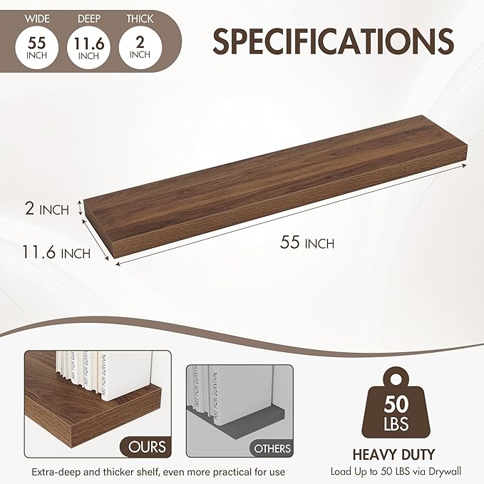55 Inch Floating Shelves, 12" Deep Floating Shelf Wall Mounted, 55" Wall Shelves, Rustic Deep Bookshelf, Extra Deeper & Thick