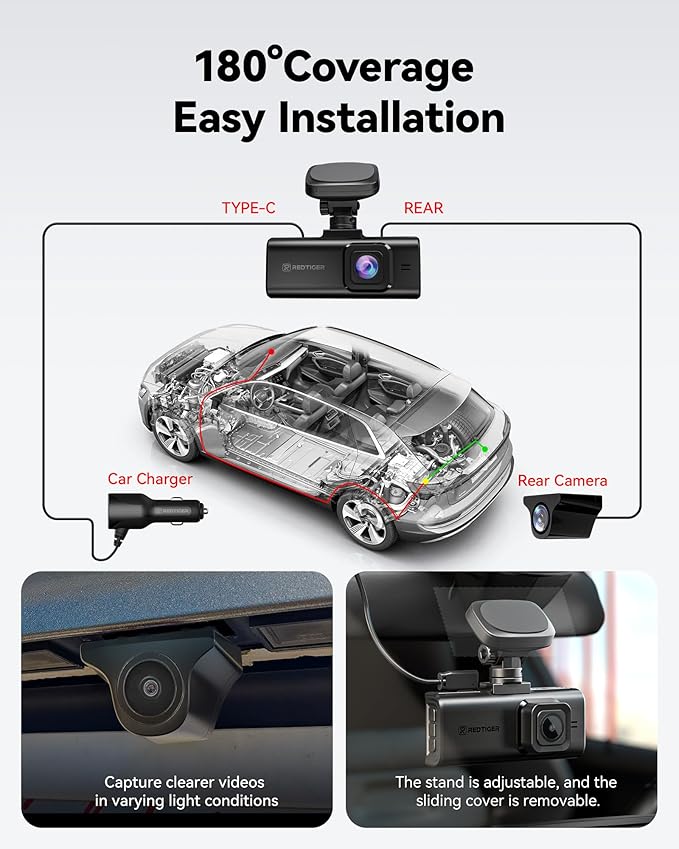 REDTIGER 4K HDR Dash Cam Front and Rear, STARVIS 2 Sensor, 5.8GHz WiFi APP, 3.18" Touchscreen, Voice Control, 128G Card Inclu