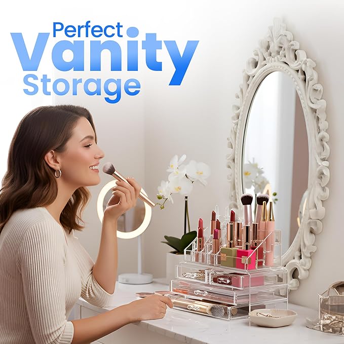 Masirs Clear Makeup Organizer - 16-Compartment Cosmetic and Jewelry Holder with 4 Drawers - Vanity Storage Box for Makeup, Sk
