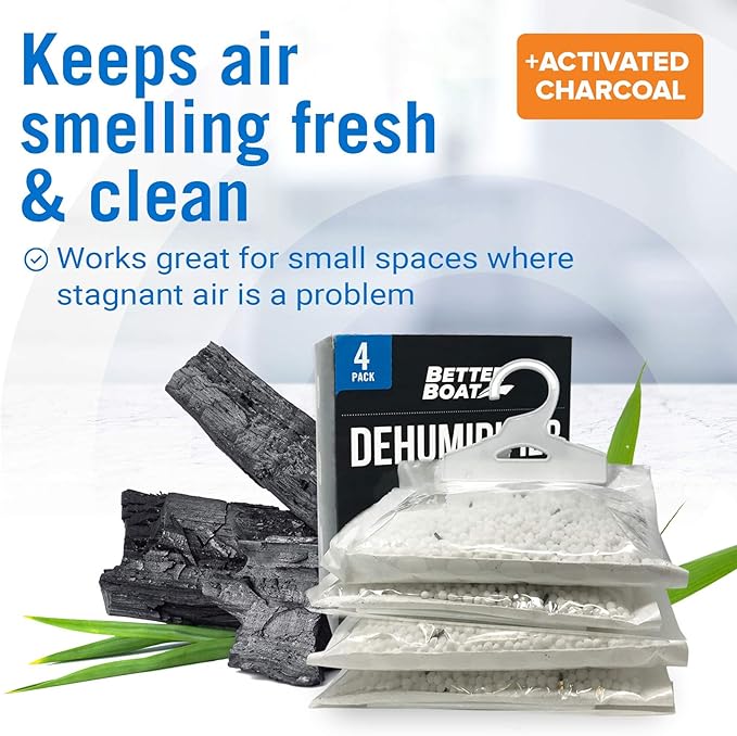 4 Pack Moisture Absorber Hanging Bags, Boat Dehumidifier with Charcoal, Unscented, Removes Dampness and Musty Odors, Ideal