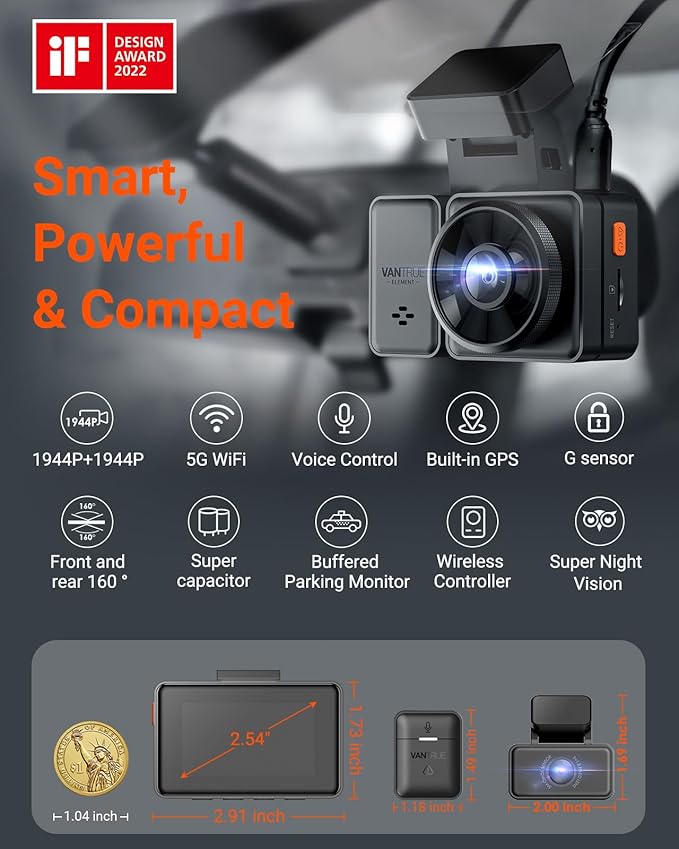 Vantrue E2 Dash Cam Front and Rear, 2.7K Upgrade Rear Cam, Dual STARVIS, 2.7K + 2.7K Dash Camera for Cars, Voice Control, WiF