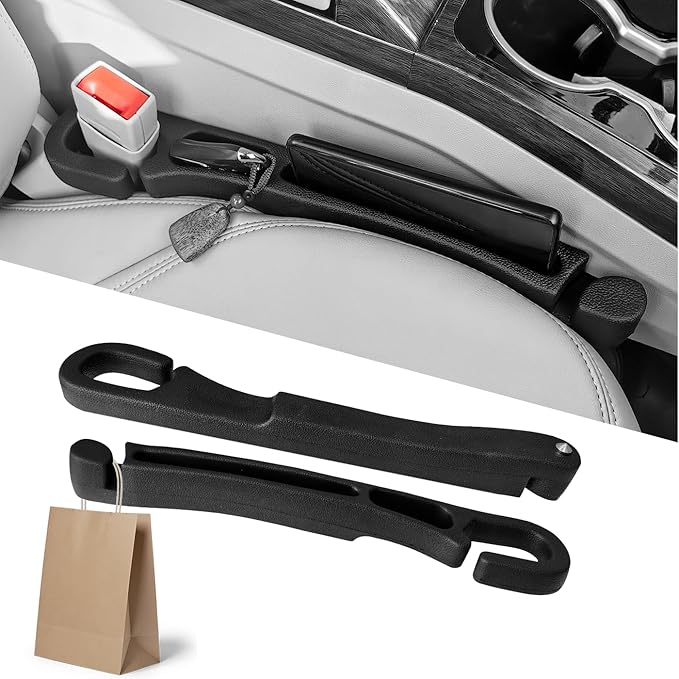 Car Seat Gap Filler 2 Pack with Organizer Hook & Emergency Glass Breaker Prevent Small Items & Tools from Falling Ultimate Seat Side Gap Fits Cars, SUVs, Trucks & Sedans