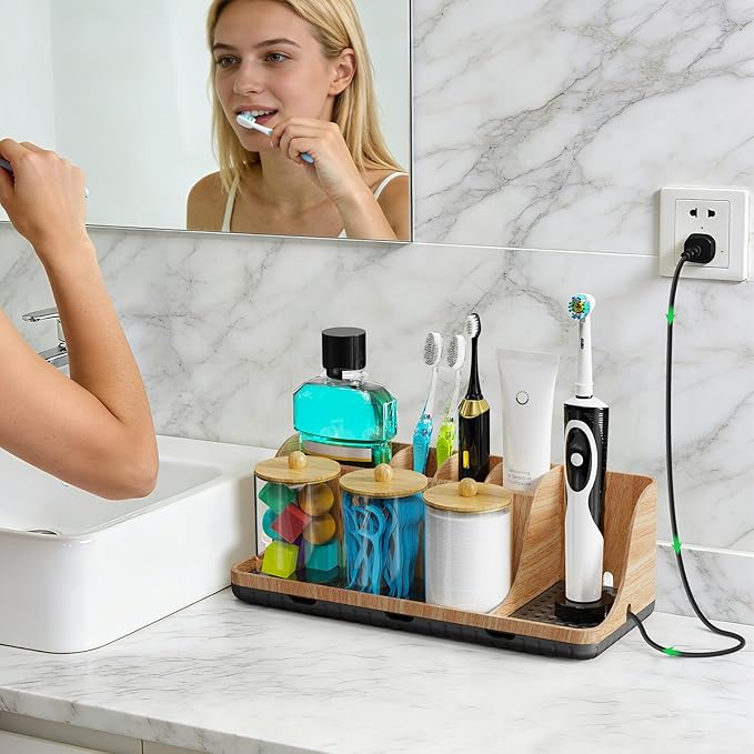 PARKMANI Bathroom Counter Organizer, Bathrooms Toothbrush Holder Set with 3 PCS Qtip Holder, Kids Electric Toothbrush and Too