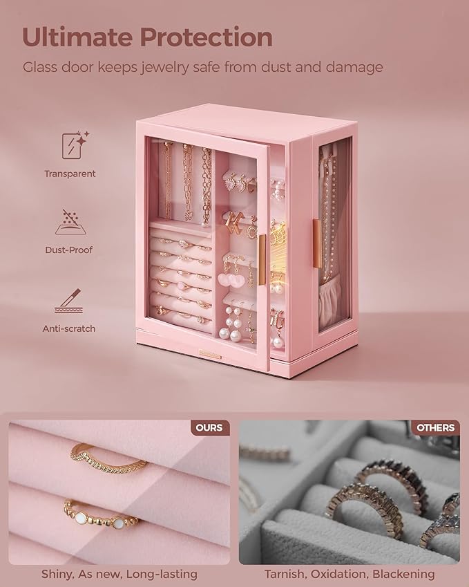Glimmloop 360° Rotating Jewelry Box with 5 Drawers, Spacious Vertical Jewelry Organizer with Glass Window, Jewelry Storage Ca