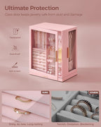Glimmloop 360° Rotating Jewelry Box with 5 Drawers, Spacious Vertical Jewelry Organizer with Glass Window, Jewelry Storage Ca