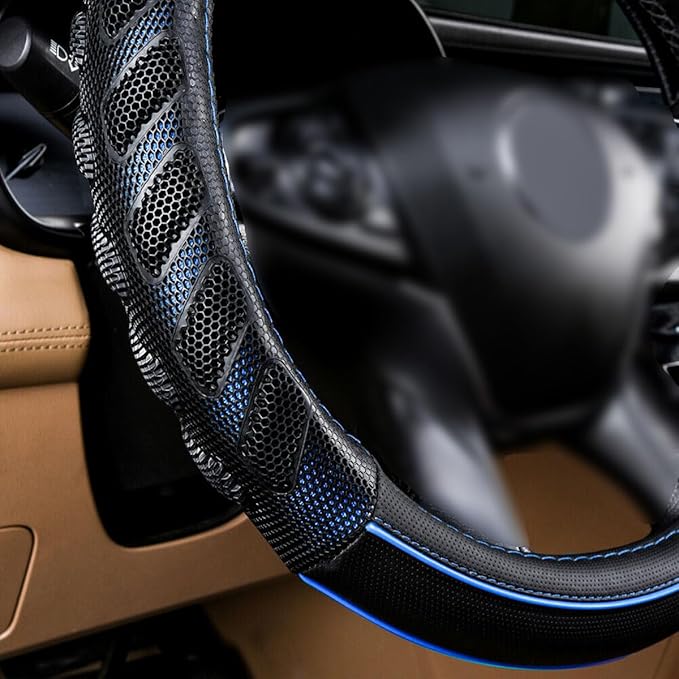 Flying Banner car Steering Wheel Cover Faux Leather Massage Universal fit 3D Honeycomb Hole Anti-Slip Sporty 15 Inches (Blue 