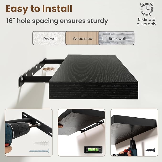 55 Inch Floating Shelves for Wall, 8 Inch Deep Floating Shelf for Storage & Display, Rustic Wall Mounted Shelf with Invisible