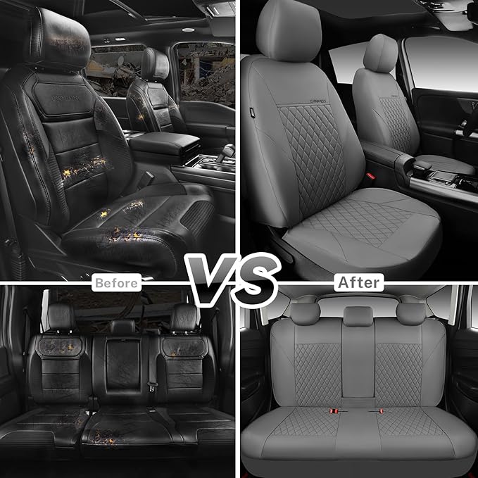 CAR PASS Quilting Faux Leather Seat Covers Full Set, Waterproof Deluxe PU Premium Auto Seat Cover, Breathable Seat Covers Uni