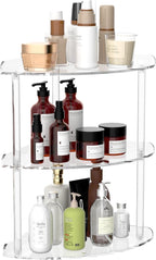 Sezanrpt 3 Tier Acrylic Corner Shelf Organizer Storage 9.5x9.5x15.7 Inch, Transparent Countertop Corner Shelf for Bathroom, K