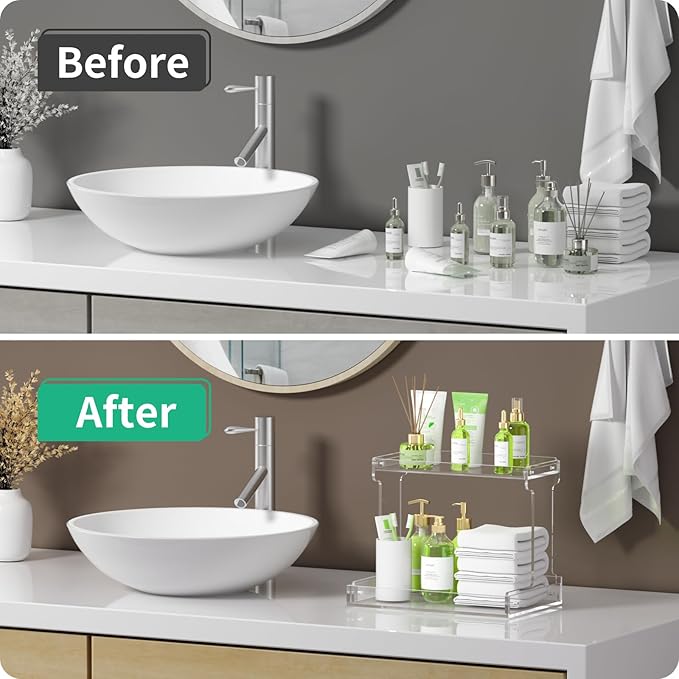 NPPLUS Bathroom Countertop Organizer, 2-Tier Clear Acrylic Counter Storage Shelf for Bathroom Counter Organizer, Clear Makeup