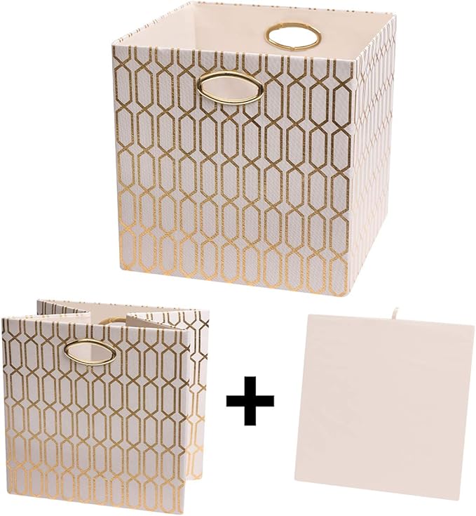 Posprica Storage Bins, Storage Cubes, 11×11 Fabric Drawers Organizer Basket Boxes Containers (11×11×11/4pcs, Cream/gold geome