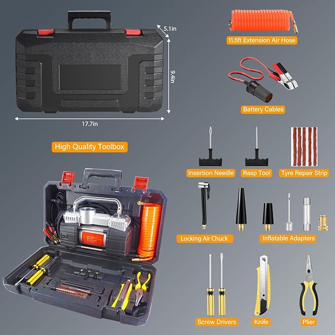 GSPSCN 6X Faster Inflation Digital Tire Inflator, Portable Toolbox 12V Air Compressor Pump Heavy Duty Dual Cylinders Car Pump,150Psi Auto Shut-Off with Tire Repair Kit for Auto,SUV,Truck etc