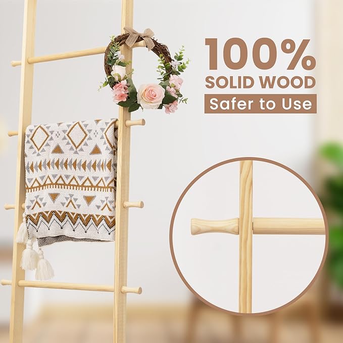 5-Tier Blanket Ladder – 4.8 Ft Wall Leaning Quilt Rack, Farmhouse Blanket Storage for Living Room, Bedroom & Bathroom – Rusti