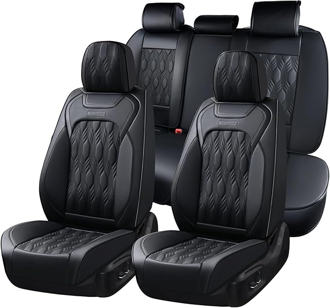 Coverado Car Seat Cover, Black Seat Cover for Cars, Luxury Leather Seat Covers Full Set with Embossed Pattern, Waterproof Car