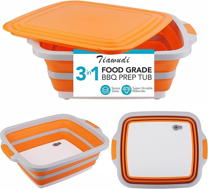 Collapsible Cutting Board with Container, Foldable Camping Sink with Colander, BBQ Prep Tub with Lid, Multifunction Dish Basi