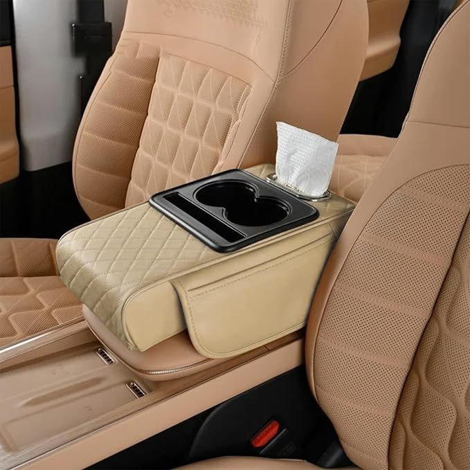 Car Armrest Storage Box,Car Accessories Console Organizers and Storage,Universal Waterproof Leather Console Cover with Cup Holder and Phone Holder,Suitable for Most Cars (Embroidered, Beige)