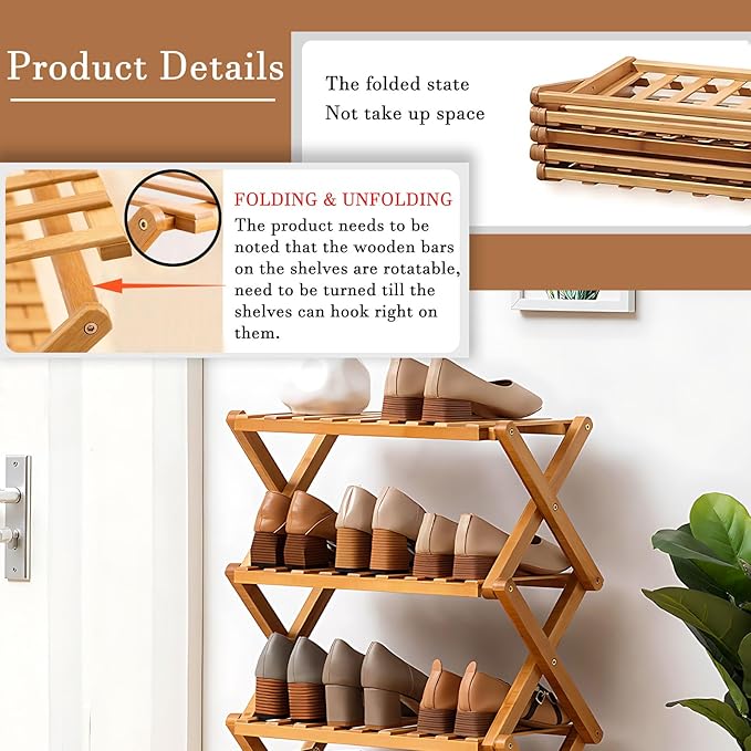 Jessie Bamboo Shoe Rack,Free Standing Shoe Rack for Closet,Portable Folding Shoe Storage Rack, Space Saving,Shoe Shelf for Be