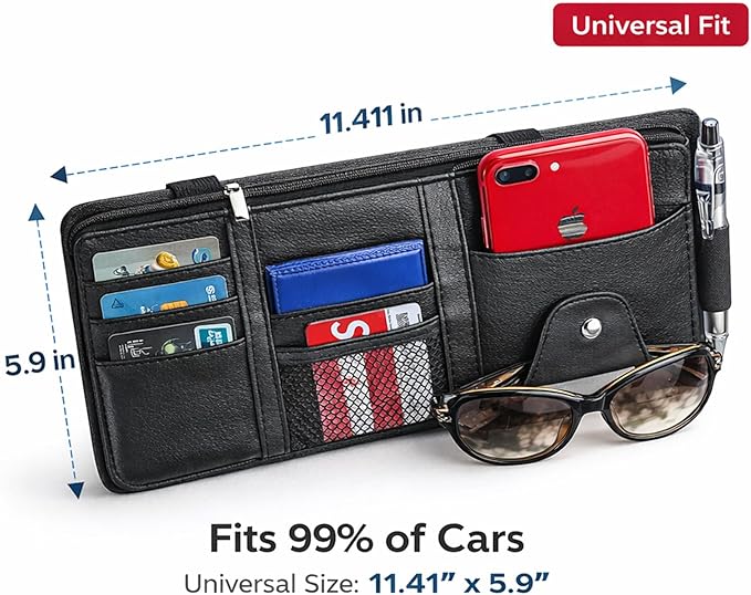 Car Sun Visor Multi-Pocket Organizer — Black (Universal Car/SUV/Truck Storage Pouch)