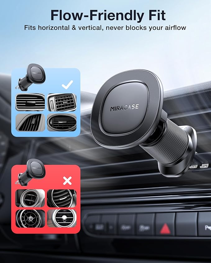 Miracase for MagSafe Car Mount with Metal Hook Clip, Magnetic Phone Holders for Car Phone Holder, Compatible with Garmin GPS Fit iPhone Android and All Smartphones, Dark Black