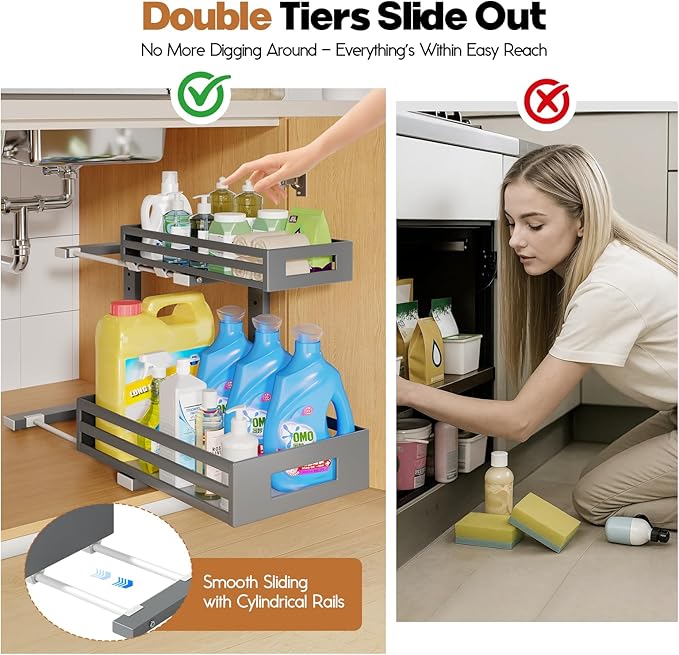 1-Pack Under Sink Organizers and Storage,2-Tier L Shape Pull Out Cabinet Organizer With Round Tube Slide Rails,Hight Adjustab