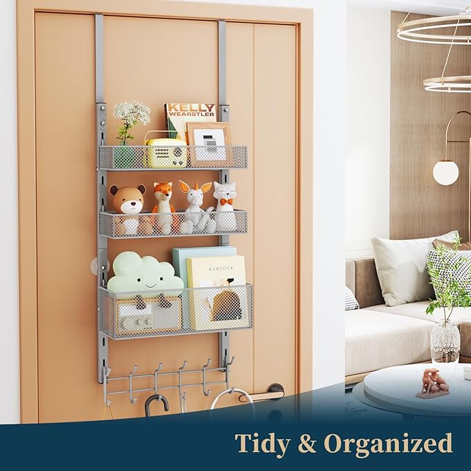 Consumest Over The Door Hooks Organizer - 4 Tier Door Coat Rack with 3 Baskets and 12 Hooks, Stainless Steel Towel Hanger for
